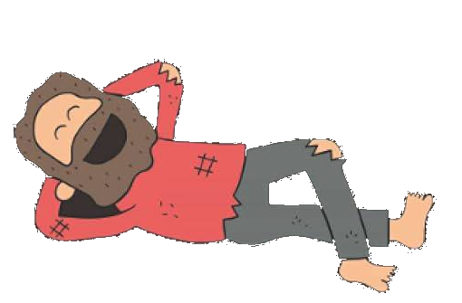 A bearded man in a torn red sweater lying down, hands behind his head, grinning